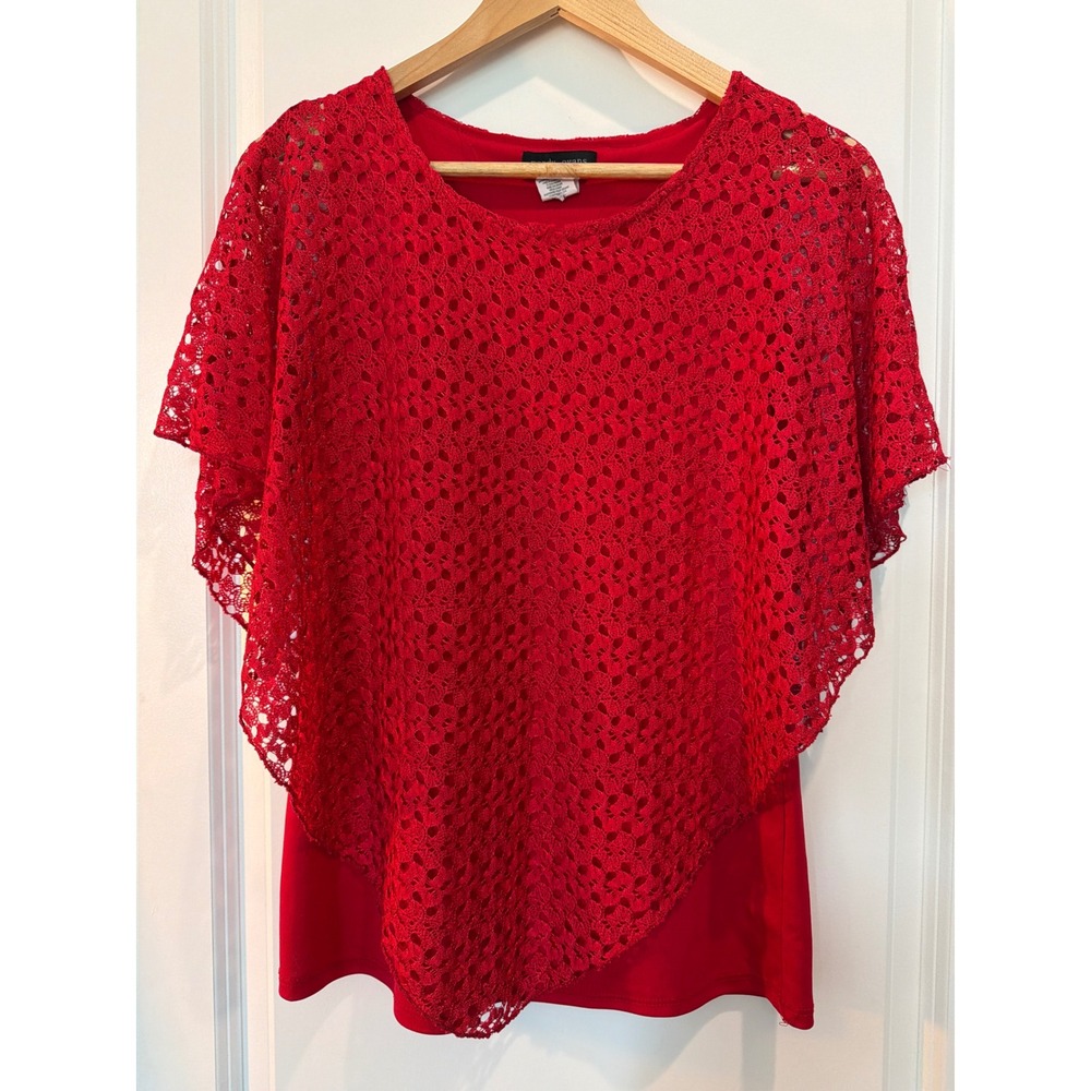 Mandy Evans Red Lace Poncho Top Crochet Overlay Sharkbite Hem Small